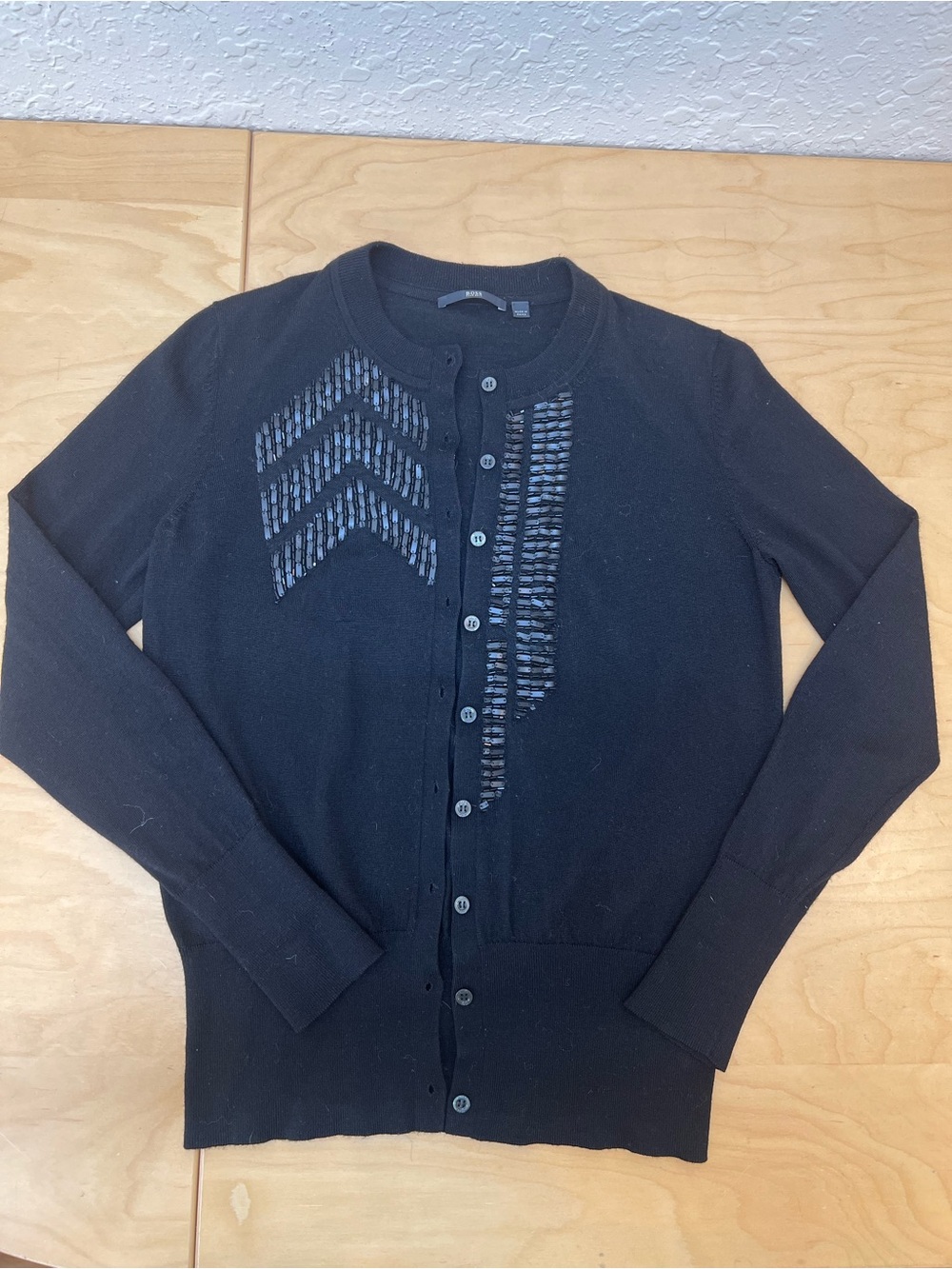 Hugo Boss Black Button-Front Knit Cardigan with Beaded Chevron Detail